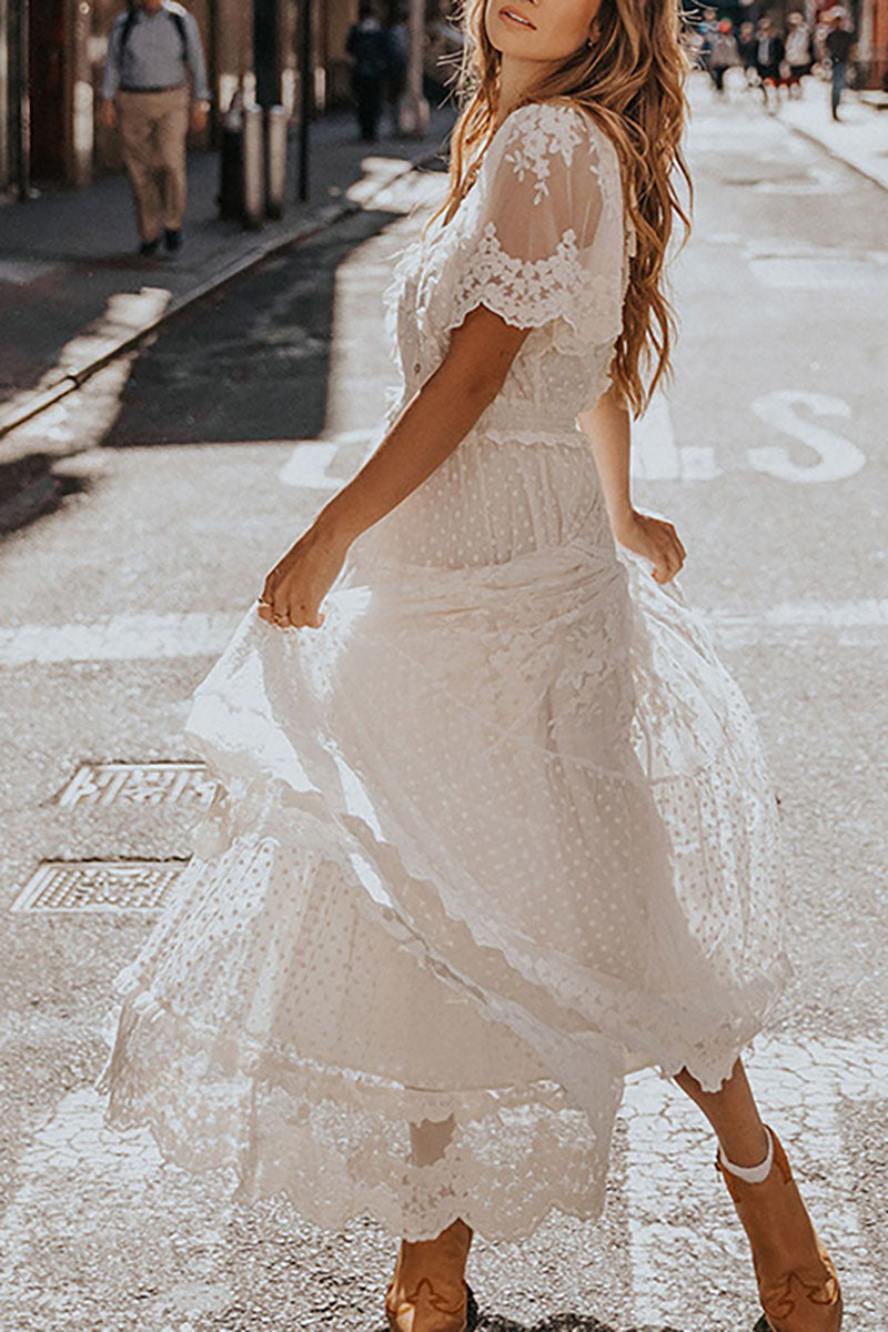 White Lace Embroidery Bohemian Maxi Dress for women