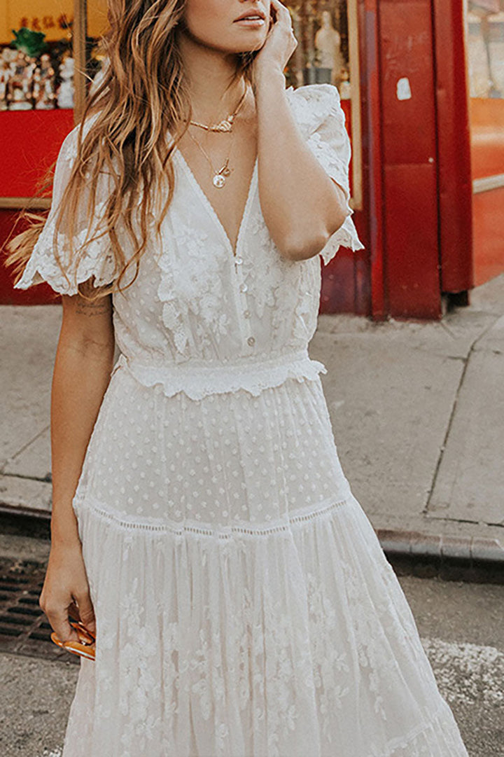 White Lace Embroidery Bohemian Maxi Dress for women