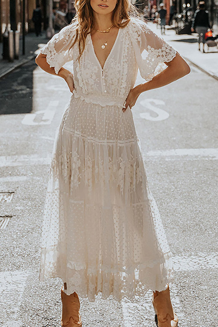 White Lace Embroidery Bohemian Maxi Dress for women