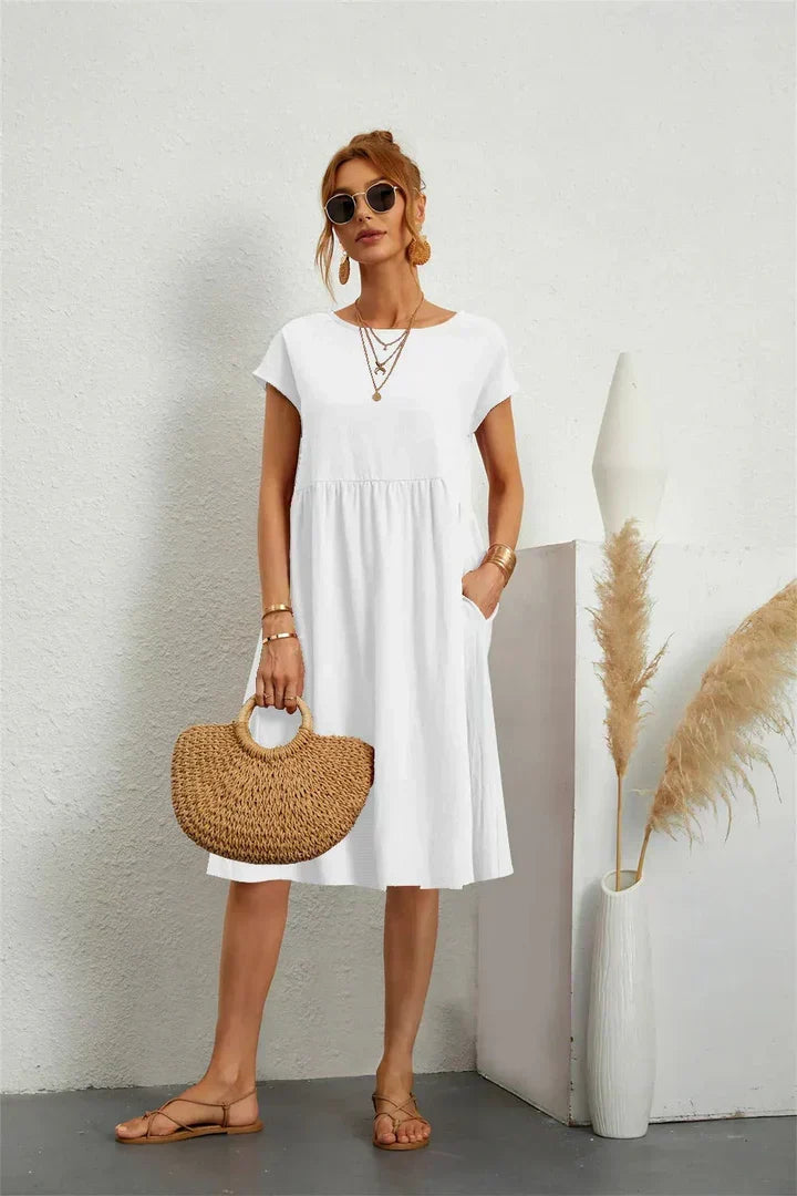 Clara | Women's A Line Midi Dress with Short Sleeves and Pockets