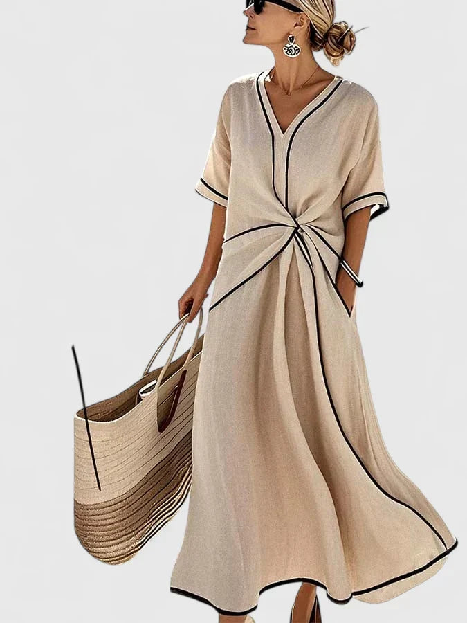 Amara | Women's V Neck Midi Wrap Dress with Short Sleeves
