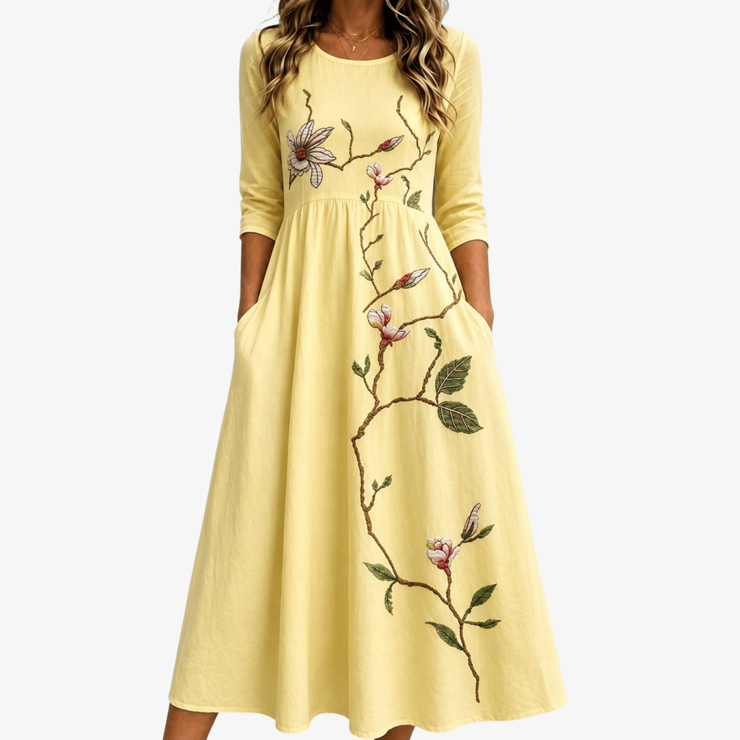Valenne | Women's Blossom Print Midi Dress with Pockets