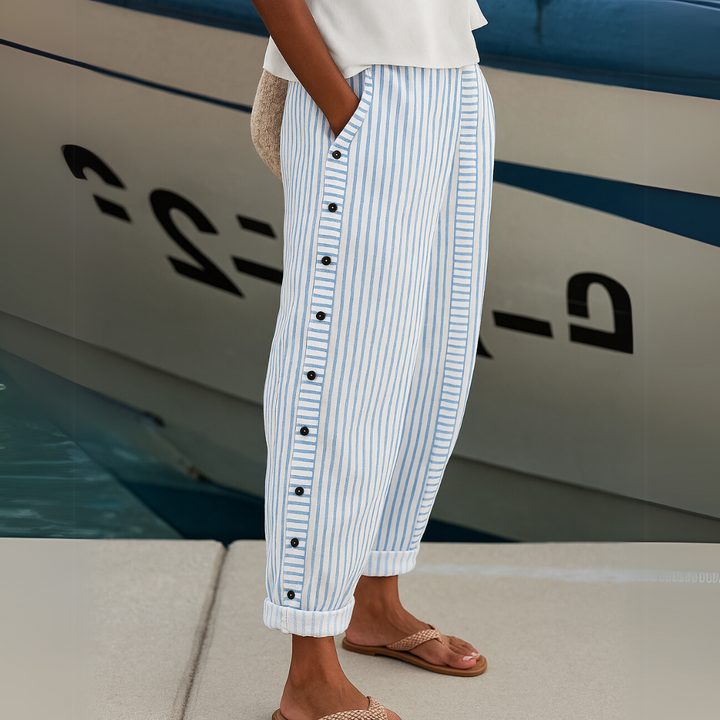 Caitlin | Women's High Waisted Striped Button Front Trousers