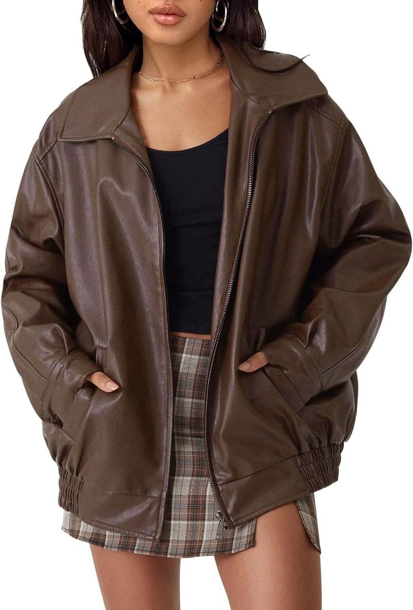 Delavine | Women's Oversized Faux Leather Bomber Jacket