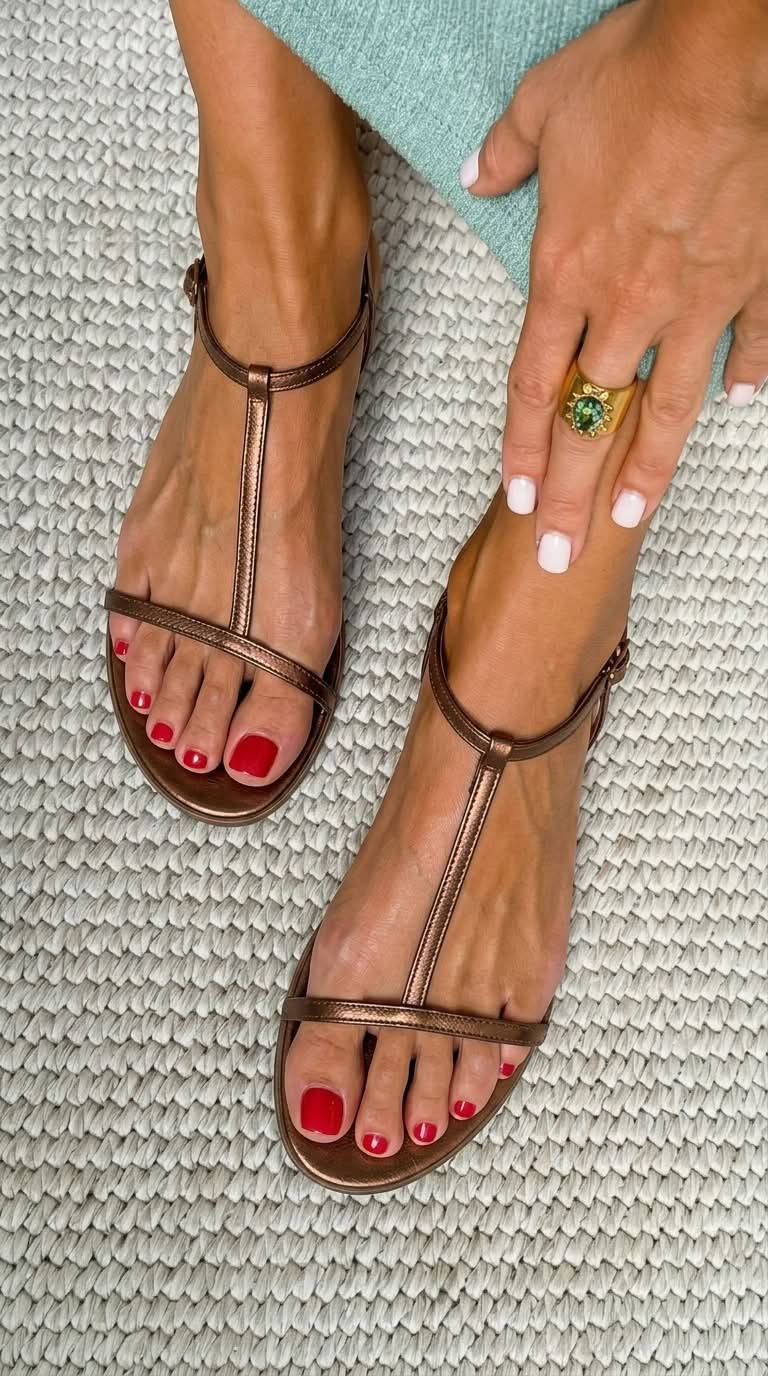 Selvara | Women's Flat Sandals with Metallic Straps and Back Buckle