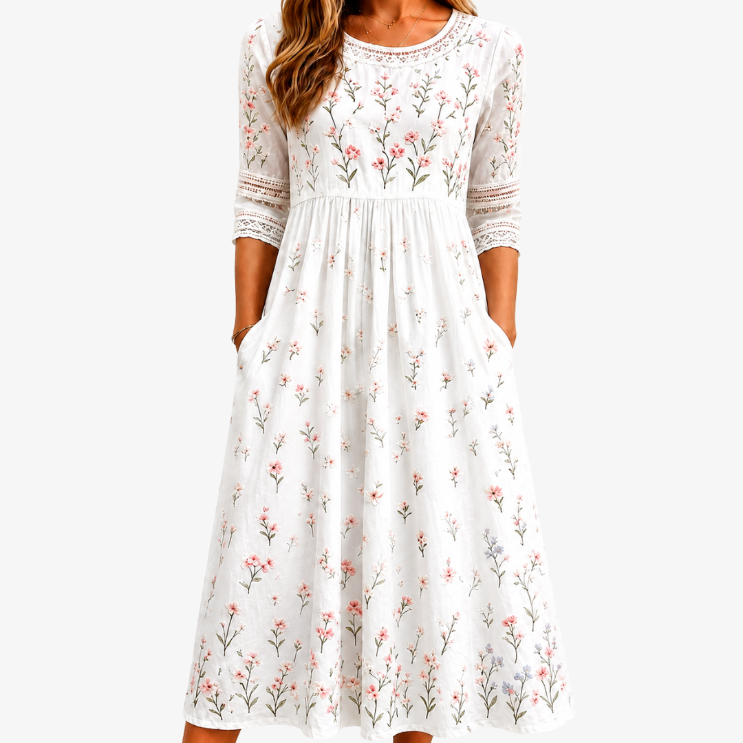 Rosavelle | Women's Wildflower Midi Dress with Lace Trim