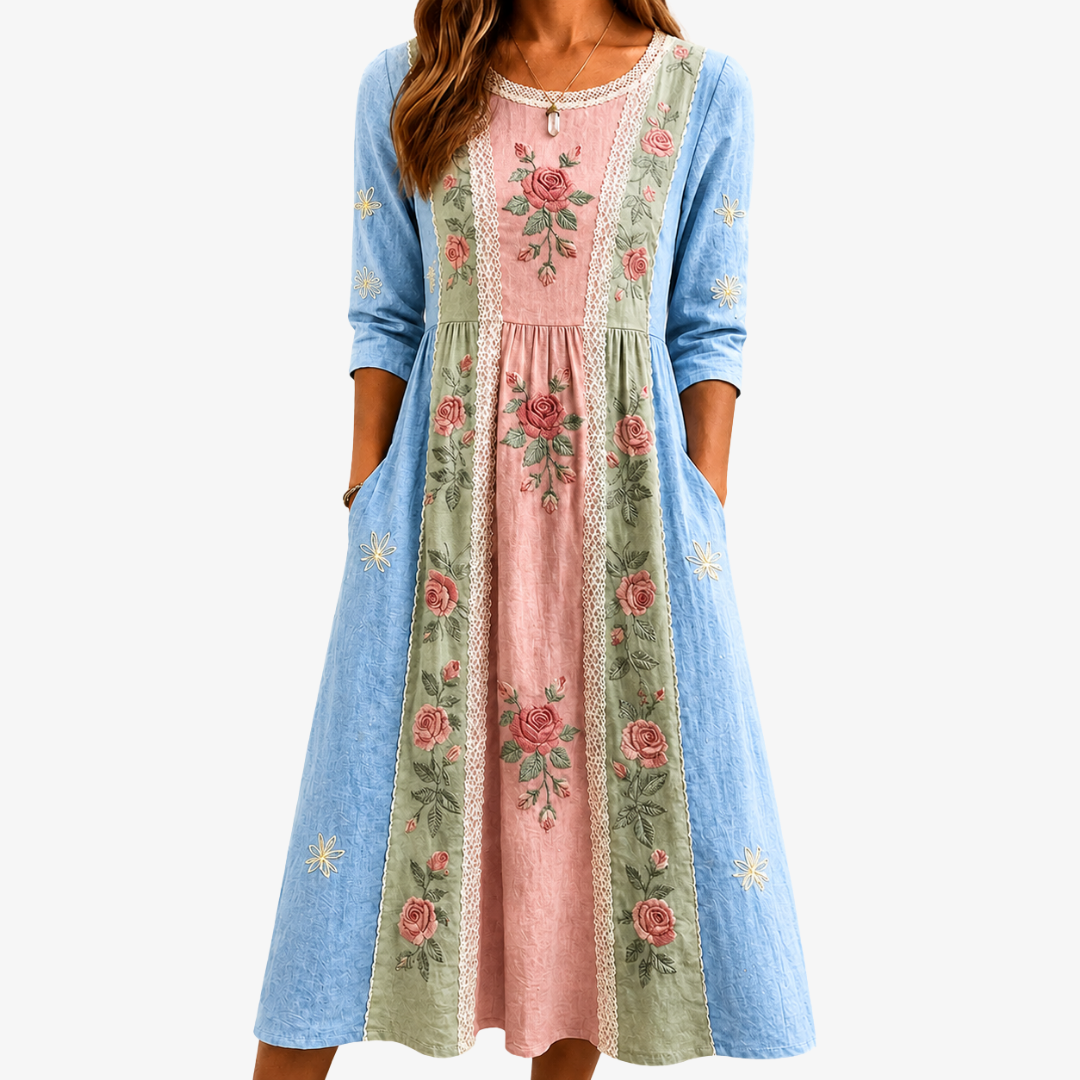 Rosavelle | Women's Patchwork Rose Midi Dress with Pockets