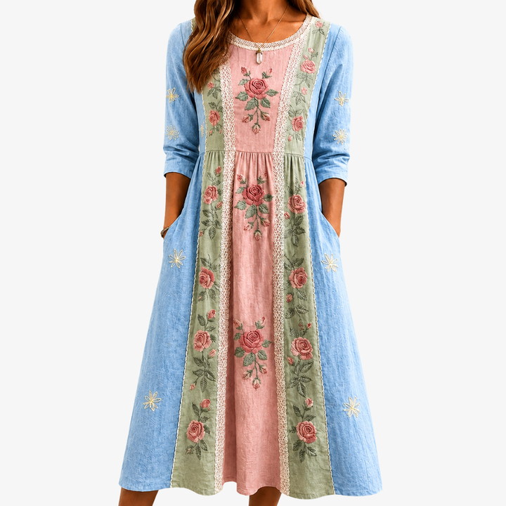 Rosavelle | Women's Patchwork Rose Midi Dress with Pockets