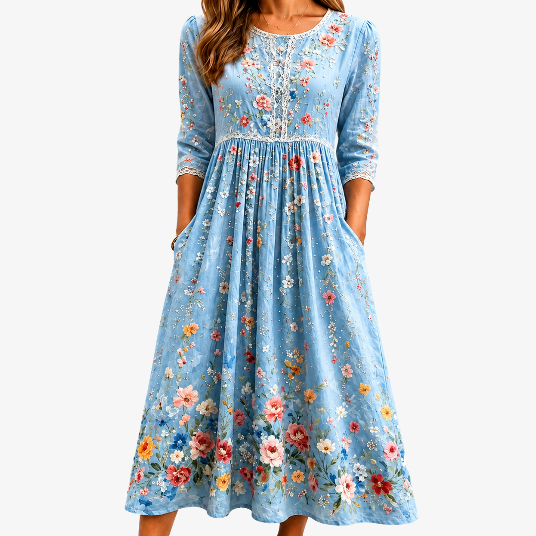 Marivelle | Women's Garden Floral Midi Dress with Pockets