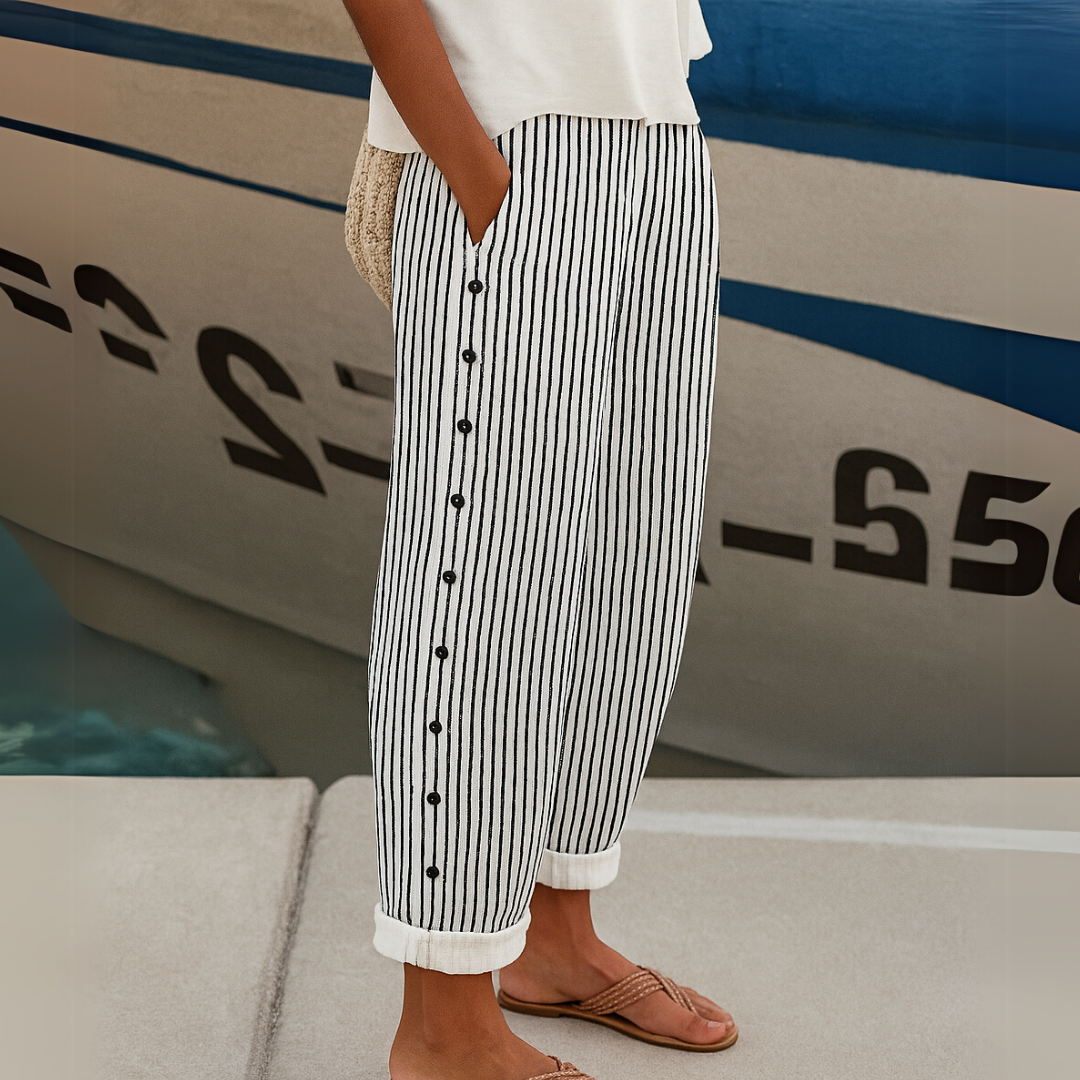 Caitlin | Women's High Waisted Striped Button Front Trousers