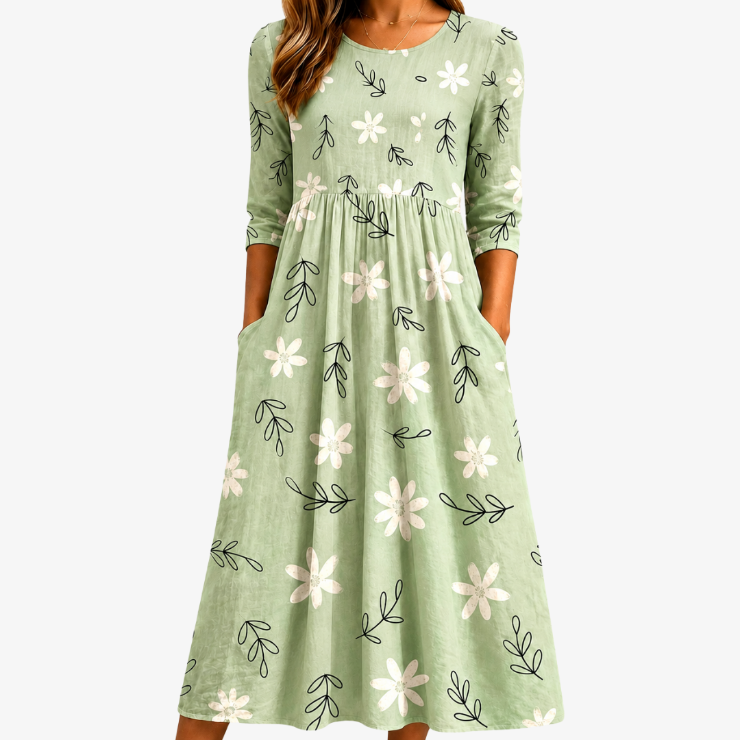 Selvara | Women's Botanical Print Midi Dress with Pockets