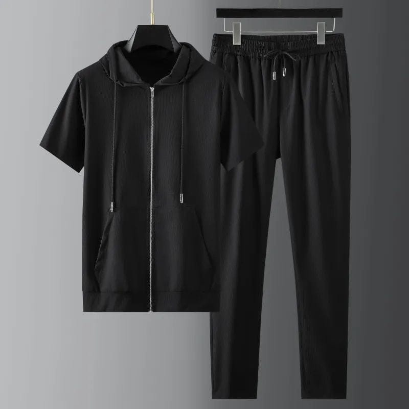 Men's casual set with pants and short sleeve shirt with zip