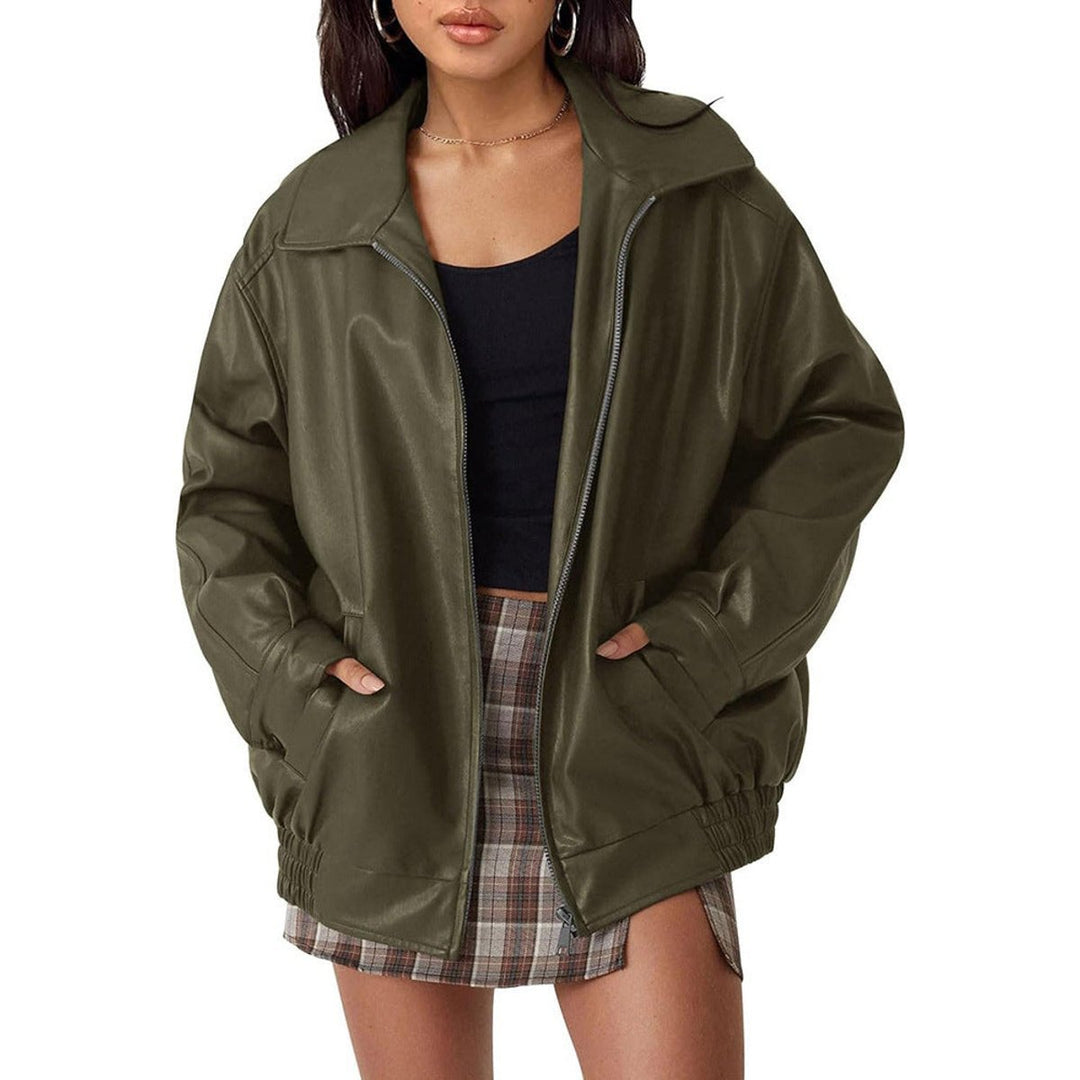 Delavine | Women's Oversized Faux Leather Bomber Jacket