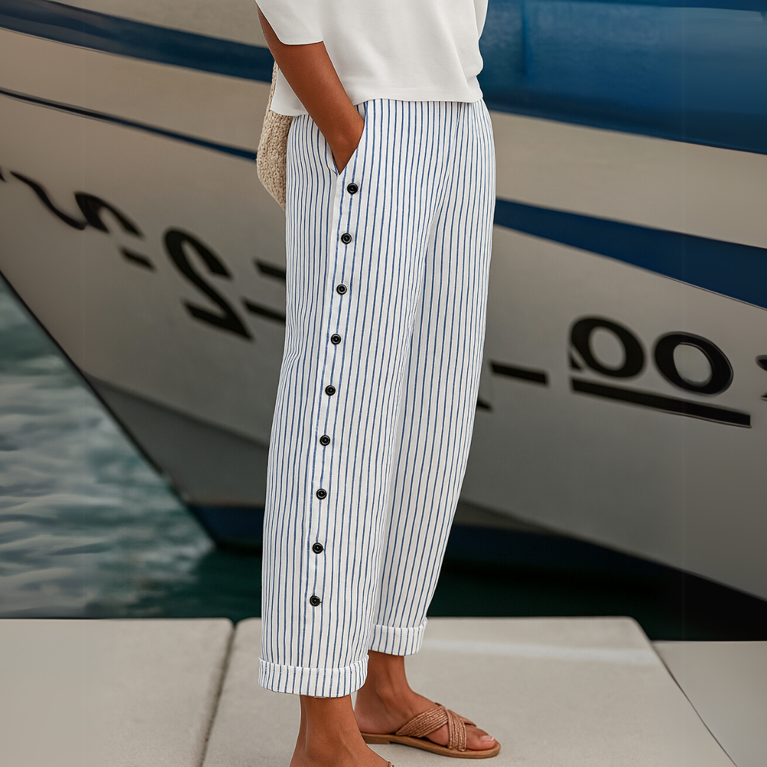 Caitlin | Women's High Waisted Striped Button Front Trousers