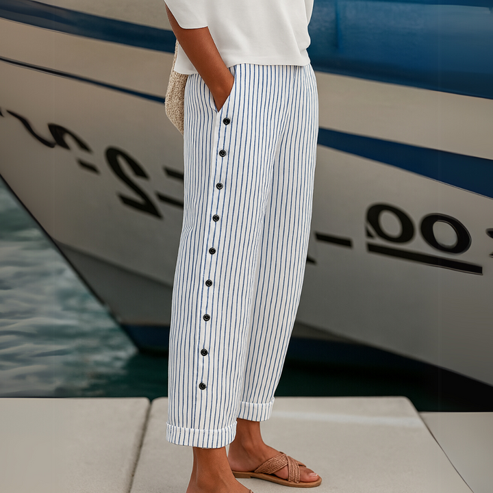 Caitlin | Women's High Waisted Striped Button Front Trousers