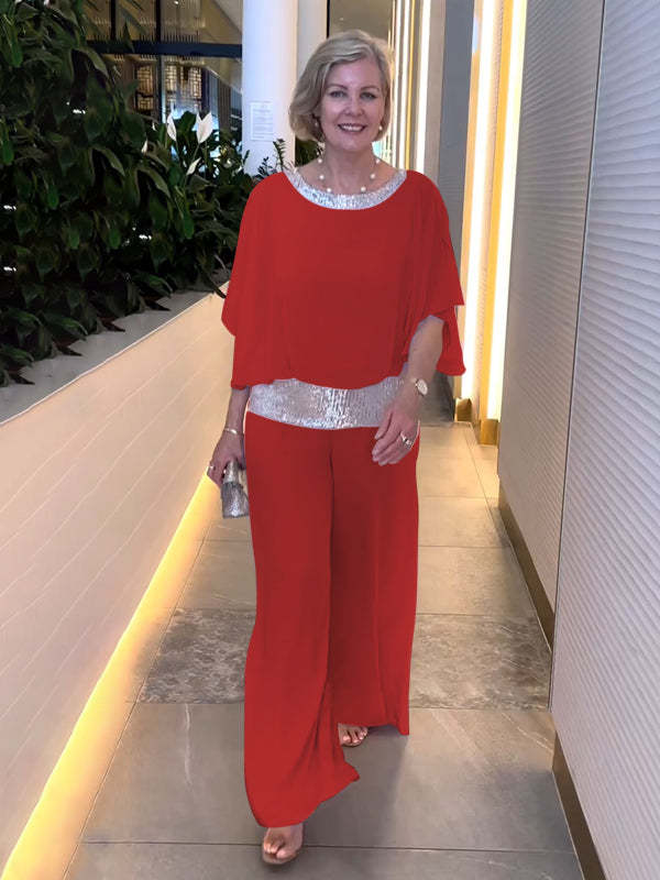 Nyla | Women's Sequin Neckline Blouse and Wide Leg Pants Set