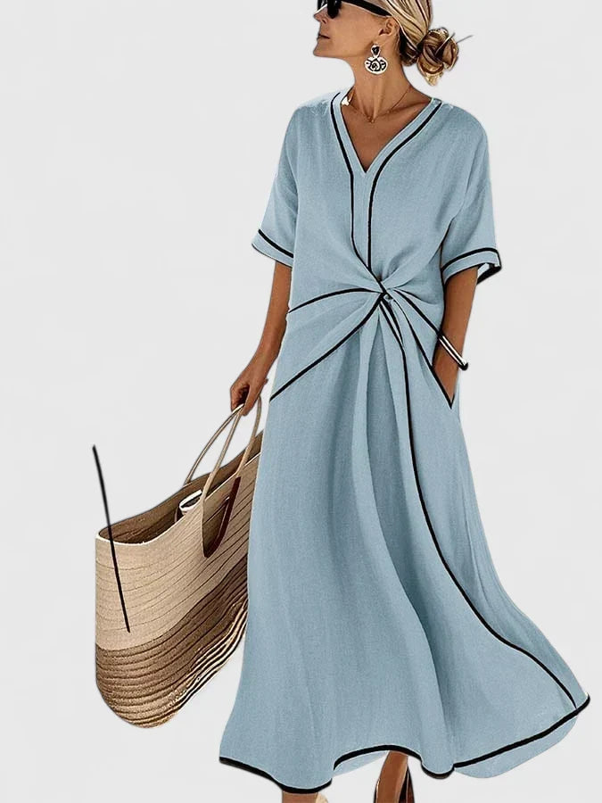 Amara | Women's V Neck Midi Wrap Dress with Short Sleeves
