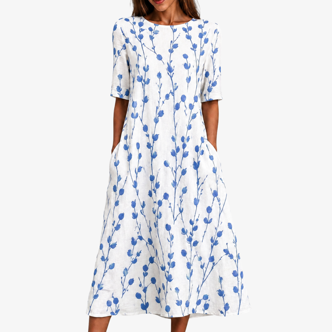 Sylvara | Women's Blue Botanical Midi Dress with Pockets