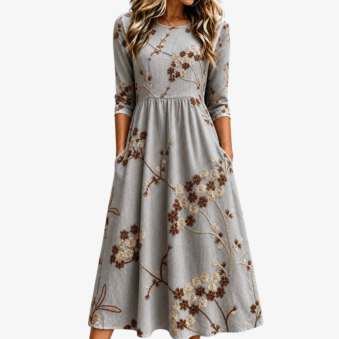 Elvarine | Women's Blossom Print Midi Dress with Pockets