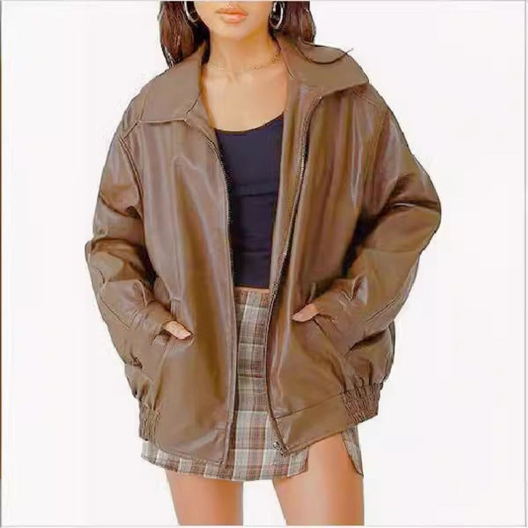 Delavine | Women's Oversized Faux Leather Bomber Jacket