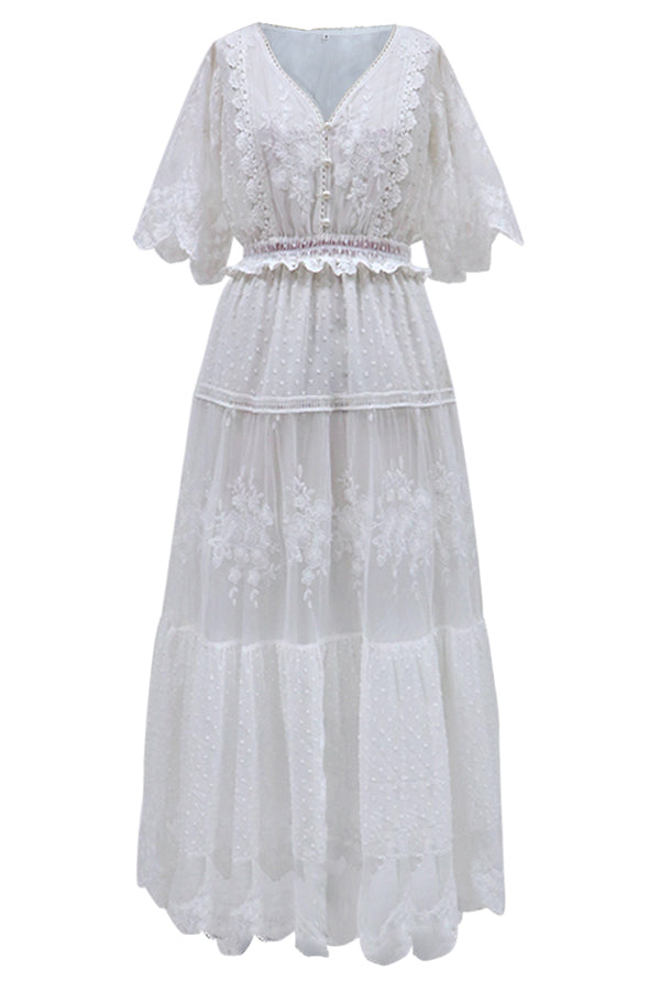 White Lace Embroidery Bohemian Maxi Dress for women