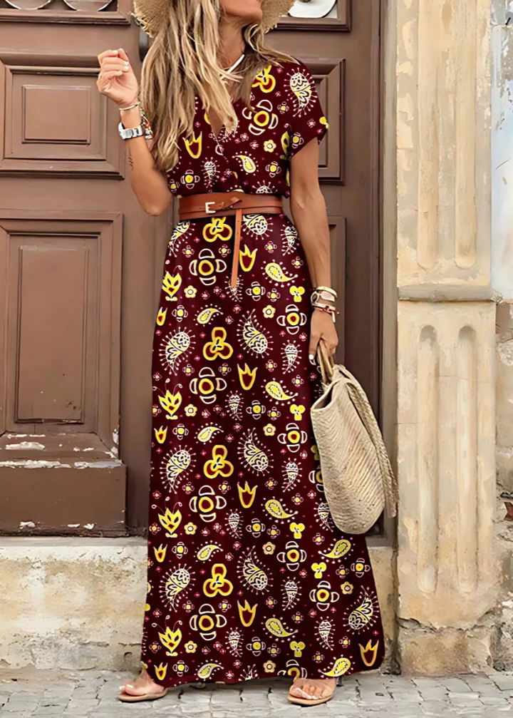 Marisenne | Women's Bohemian Print Gathered Waist Maxi Dress
