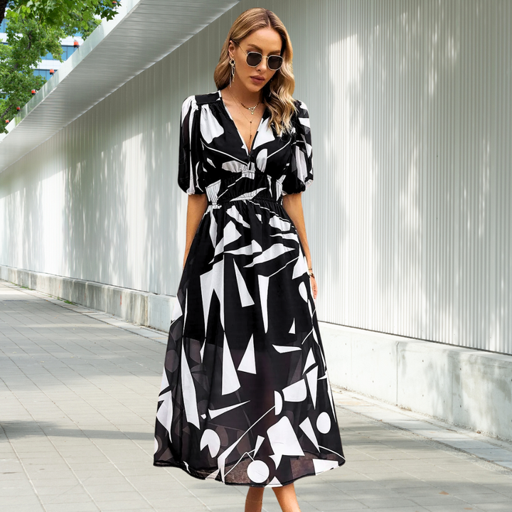 Timeless midi dress with puff sleeves for women