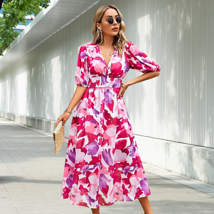 Timeless midi dress with puff sleeves for women