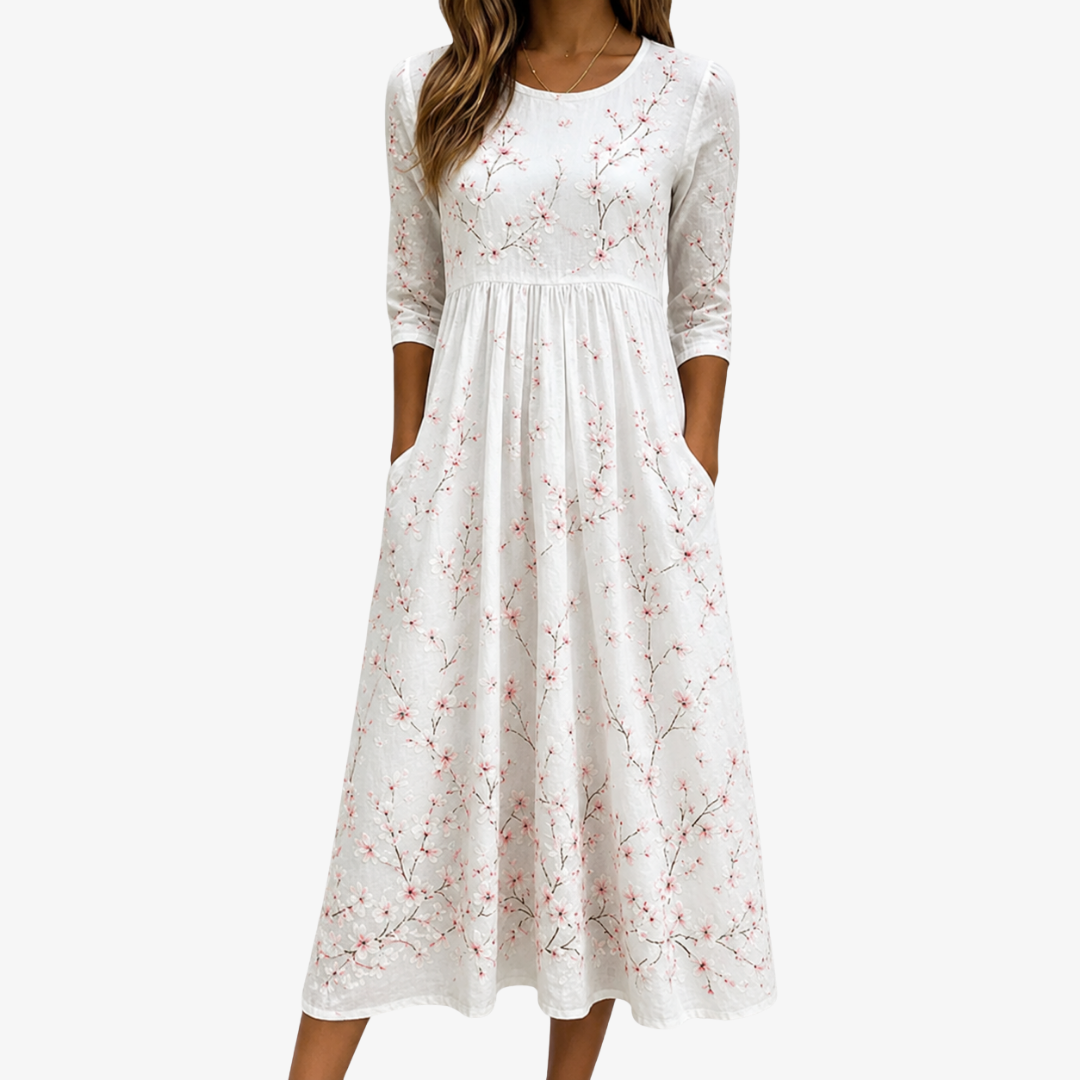 Cherrielle | Women's Cherry Blossom Midi Dress with Pockets