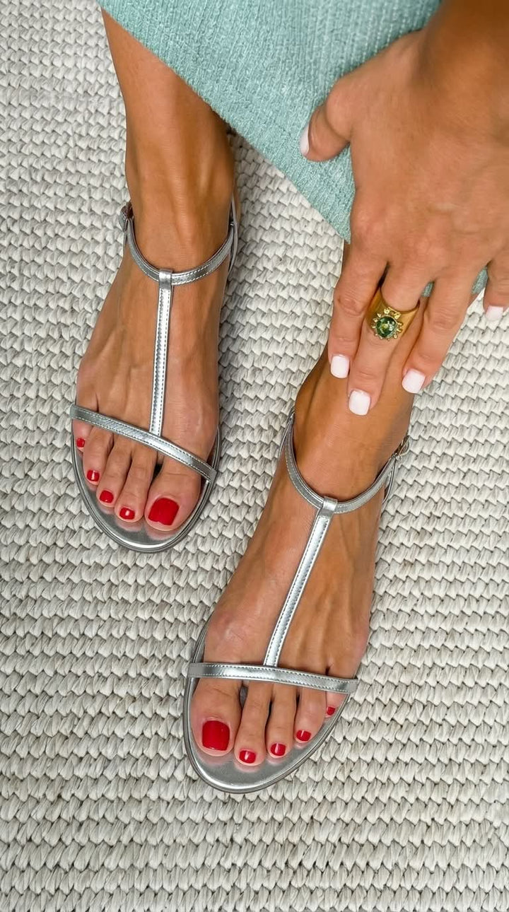 Selvara | Women's Flat Sandals with Metallic Straps and Back Buckle