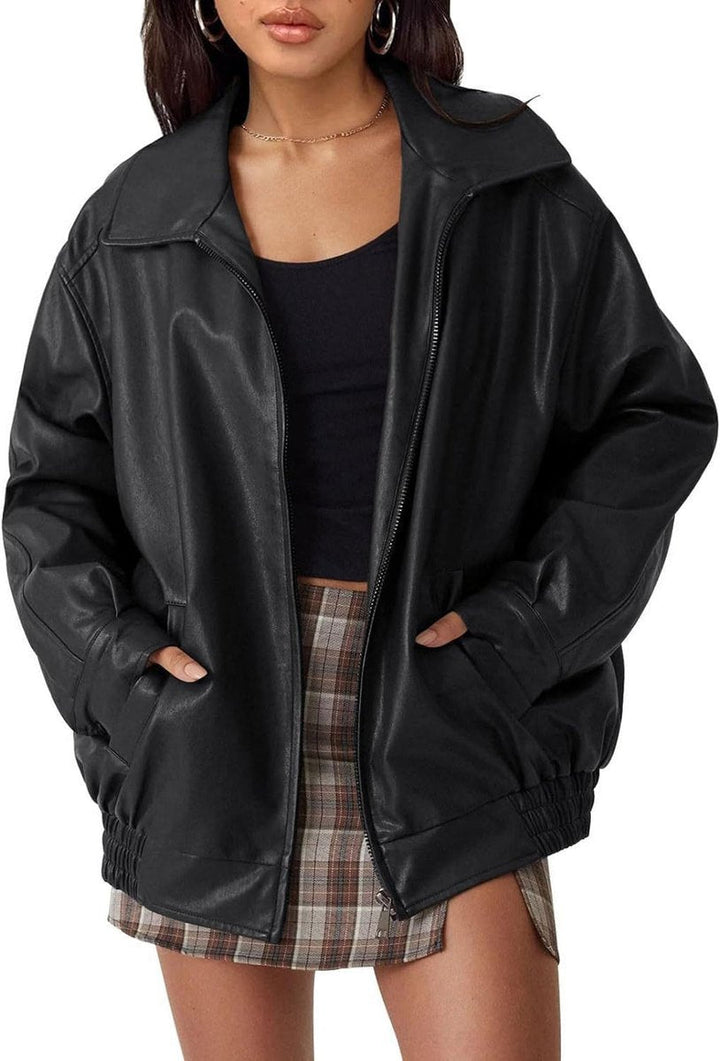 Delavine | Women's Oversized Faux Leather Bomber Jacket