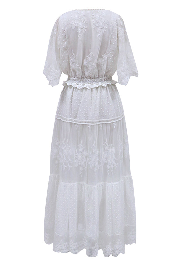 White Lace Embroidery Bohemian Maxi Dress for women