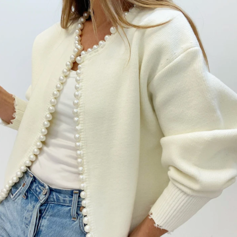 Women's Elegant Pearl-Trim Cardigan