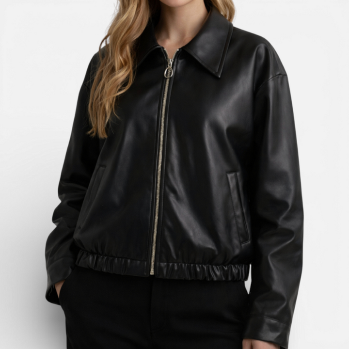 Women's Collard Leather Bomber Jacket