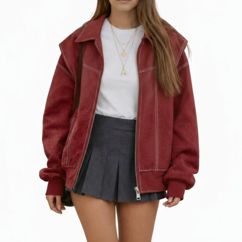 Women's Leather Zip Up Bomber Jacket
