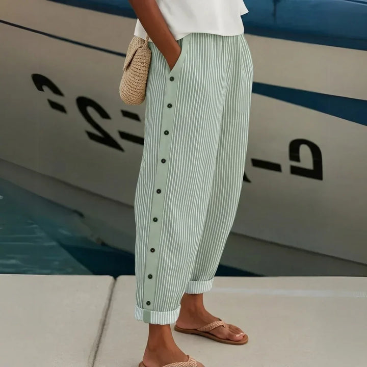 Caitlin | Women's High Waisted Striped Button Front Trousers