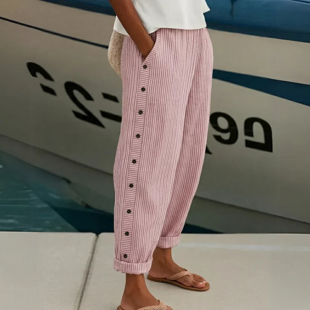 Caitlin | Women's High Waisted Striped Button Front Trousers