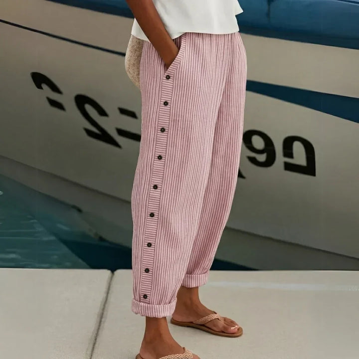 Caitlin | Women's High Waisted Striped Button Front Trousers