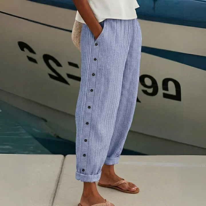 Caitlin | Women's High Waisted Striped Button Front Trousers
