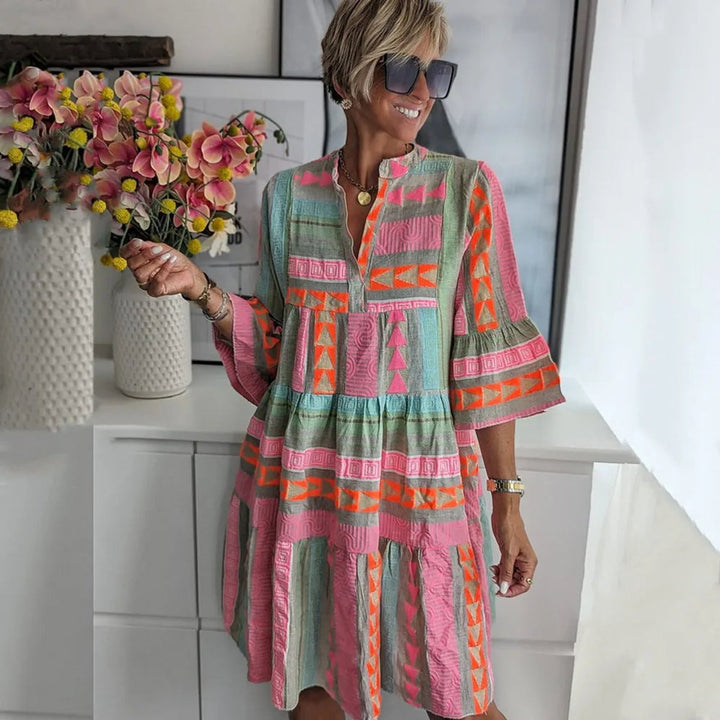 Marisole | Women's Boho Print Tiered V Neck Dress