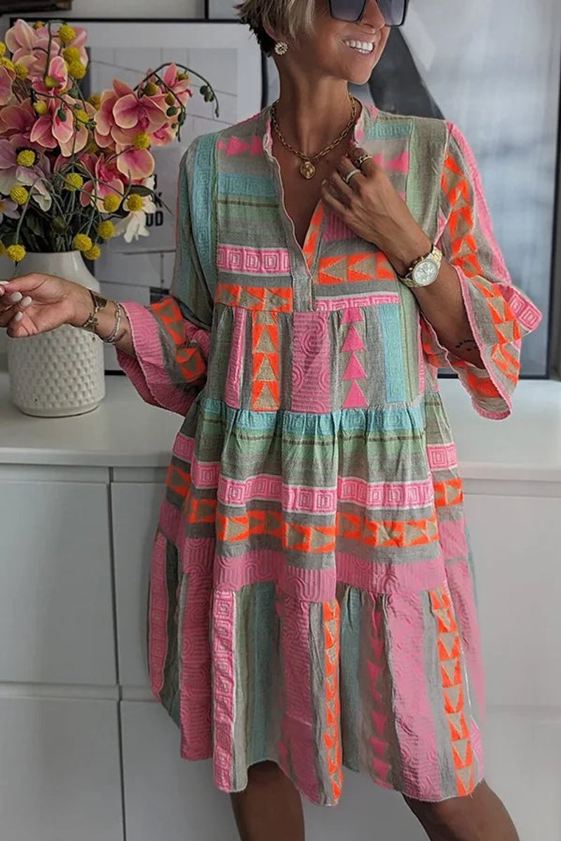 Marisole | Women's Boho Print Tiered V Neck Dress