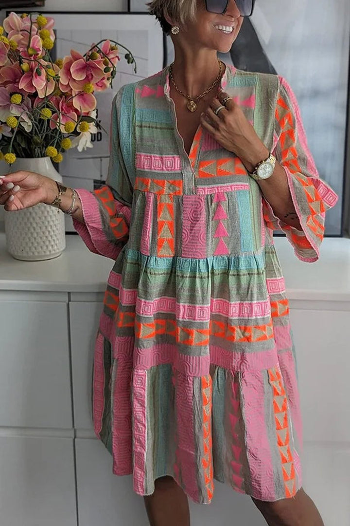 Marisole | Women's Boho Print Tiered V Neck Dress