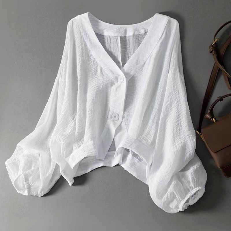 Rosavie | Women's Cropped V Neck Blouse with Balloon Sleeves