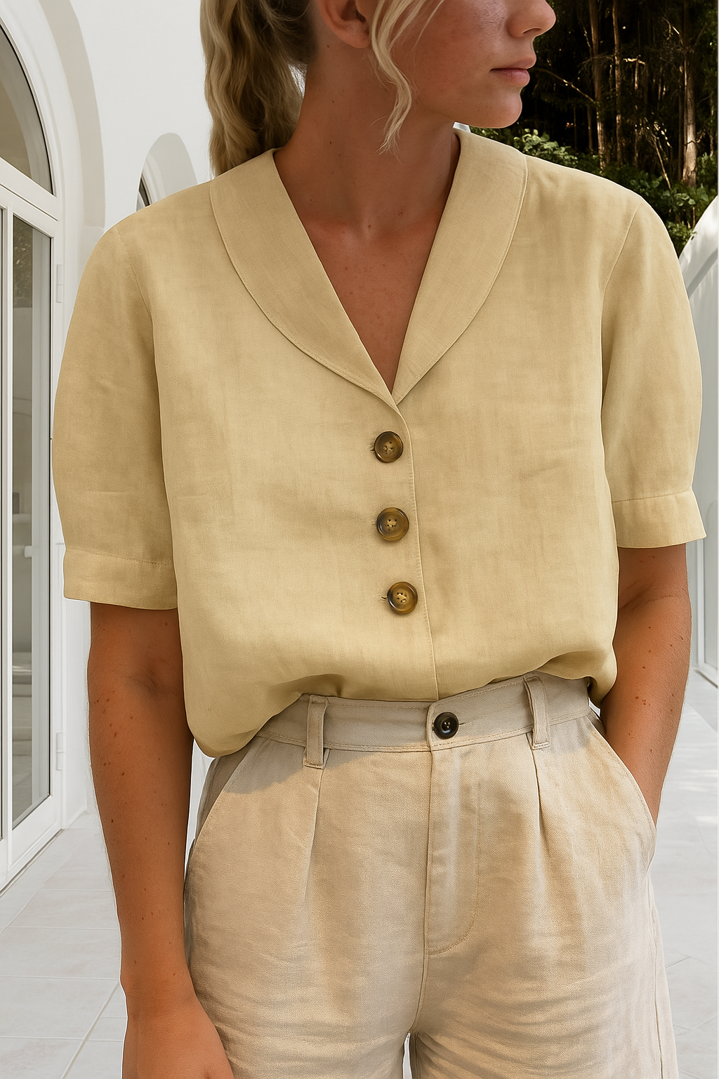 Solenne | Women's Cotton V Neck Button Front Blouse