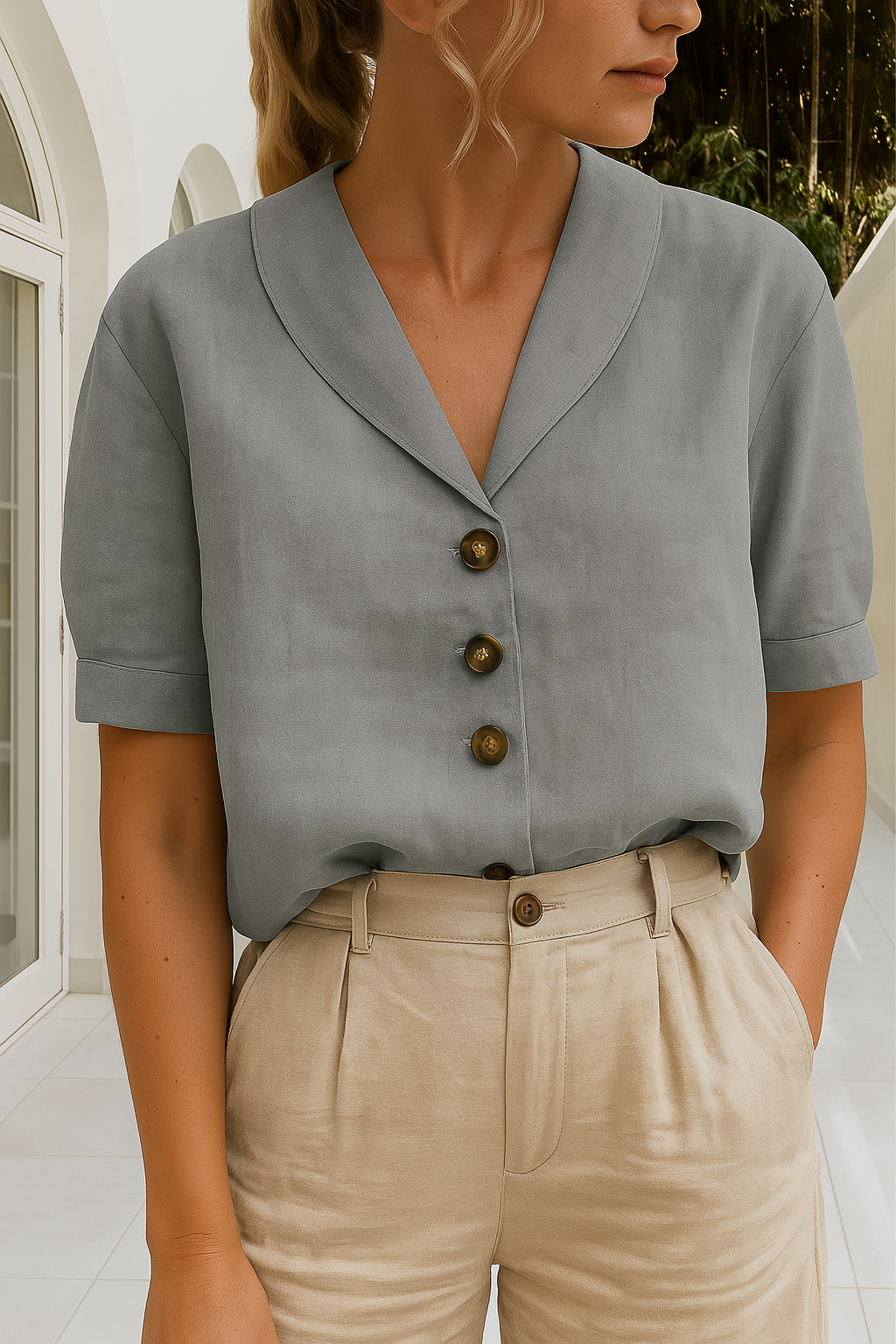 Solenne | Women's Cotton V Neck Button Front Blouse
