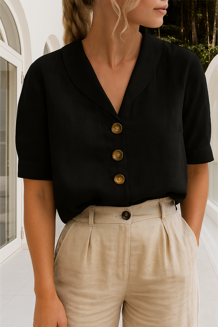 Solenne | Women's Cotton V Neck Button Front Blouse