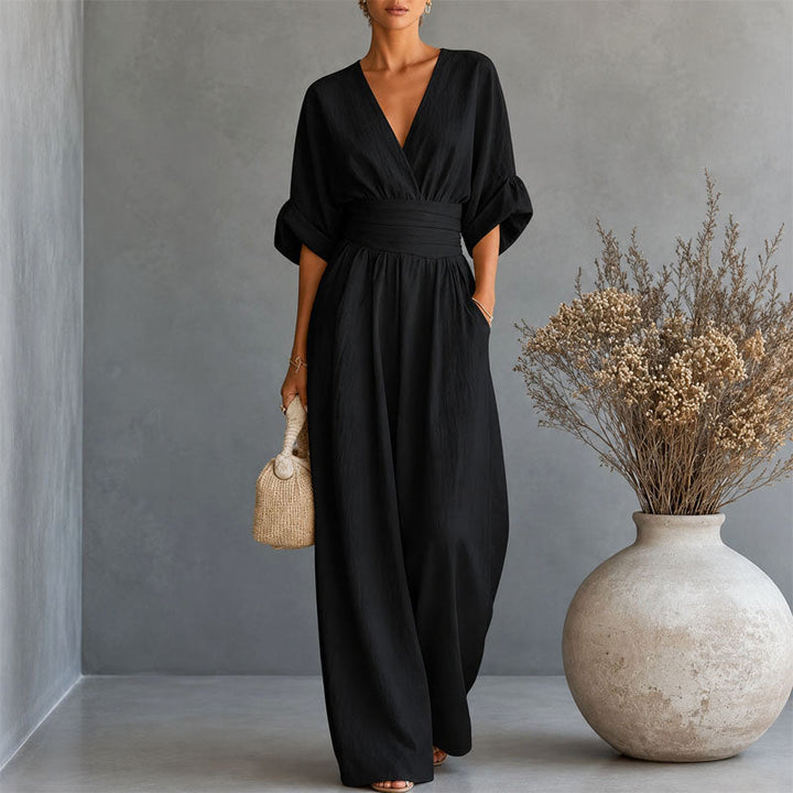 Rachel | Women's Draped Waist Wide Leg Jumpsuit with V Neck