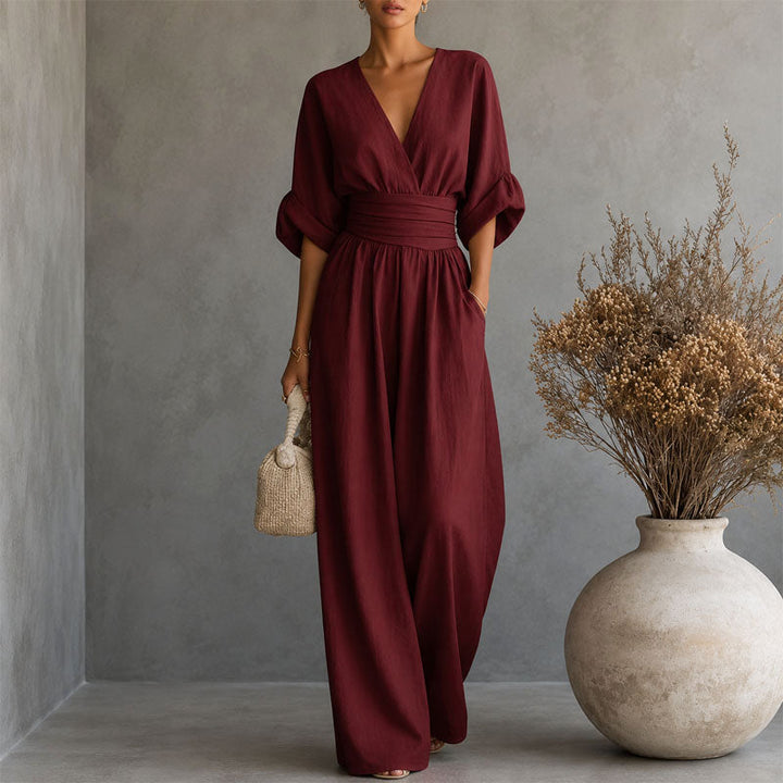 Rachel | Women's Draped Waist Wide Leg Jumpsuit with V Neck