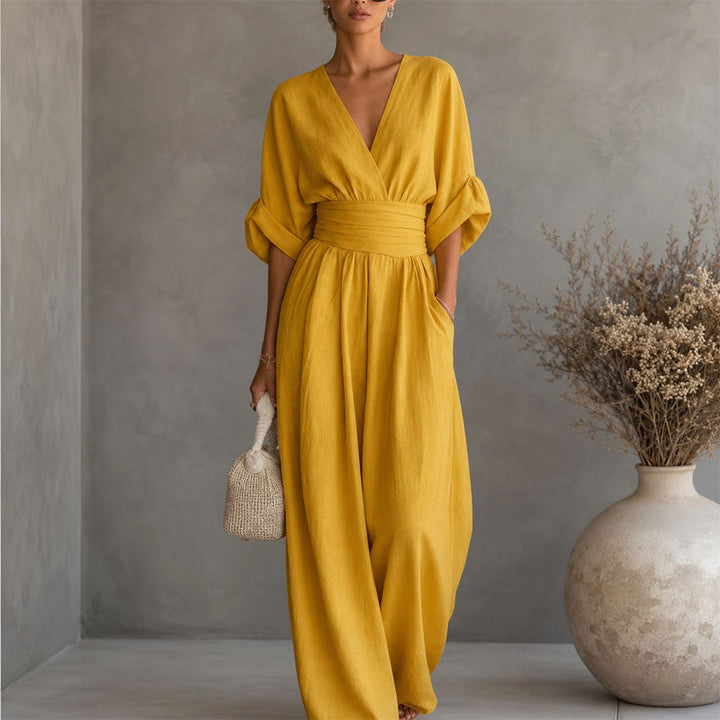 Rachel | Women's Draped Waist Wide Leg Jumpsuit with V Neck