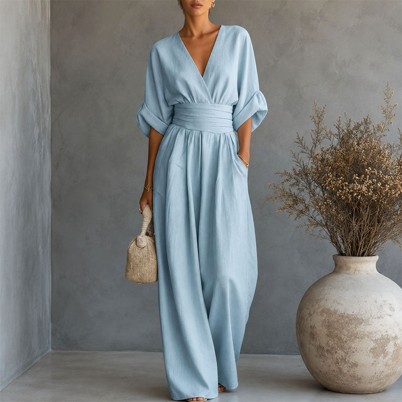 Rachel | Women's Draped Waist Wide Leg Jumpsuit with V Neck